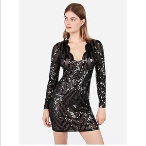 Scalloped Sequin Long Sleeve Dress by express